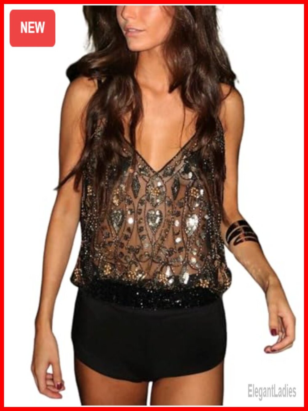 Sequin Embellished Sheer Mesh V-Neck Cami Tank Top